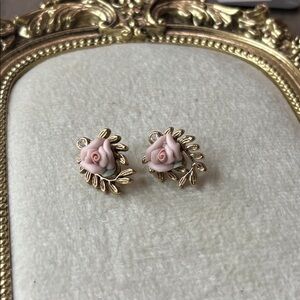 1928 Vintage Porcelain Pink Roses with Rhinestones Gold Tone Post Stud Earrings